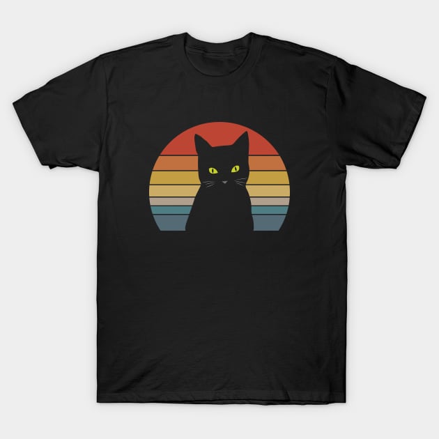 Halloween Black Cat with Vintage Sunset T-Shirt by MidnightSky07